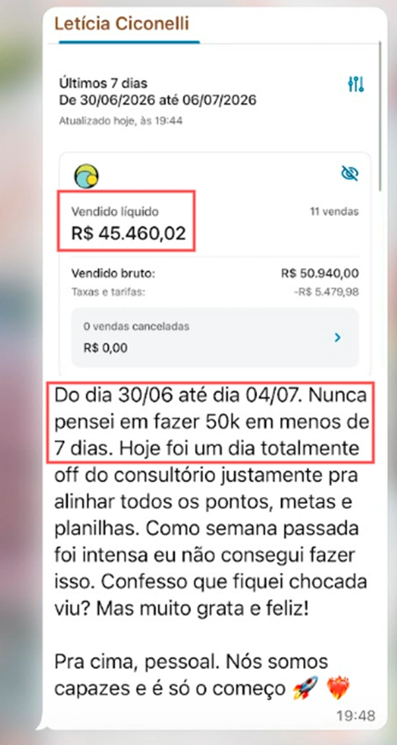 Resultado de faturamento de aluna do Ecossistema AJA